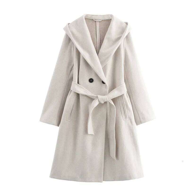 Loose Women's Coat with Belt Pure Color Hooded Jacket V-neck Regular Type Chinese Origin Fashionable Elegant Female Outerwear