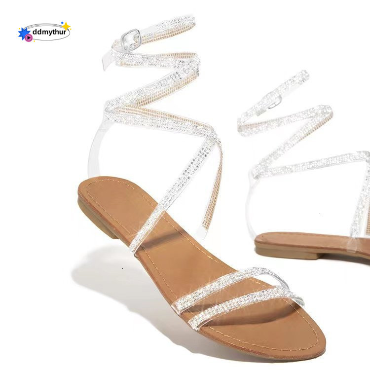 2021 Summer Rhinestone Flat Sandals for Women with Wrapped Straps ddmythur