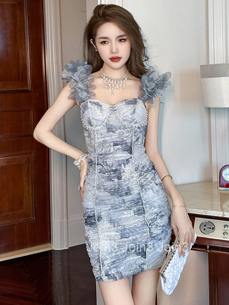 New Fashion Summer Evening Short Dress Luxury Women Chic Fairy Print Sexy Strap Slim Folds Mini Party Gown Mujer Vestidos Fiesta