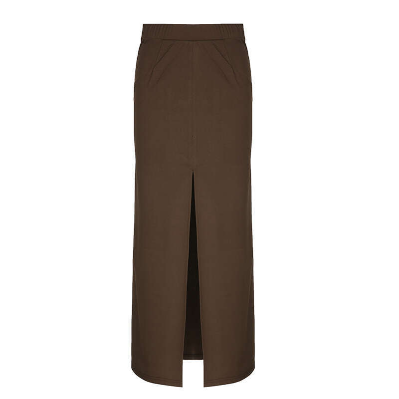 Ins Style Solid Color One-Piece Low Waist Sexy Slim Fit Bodycon Hem Split Midi Skirt New B5