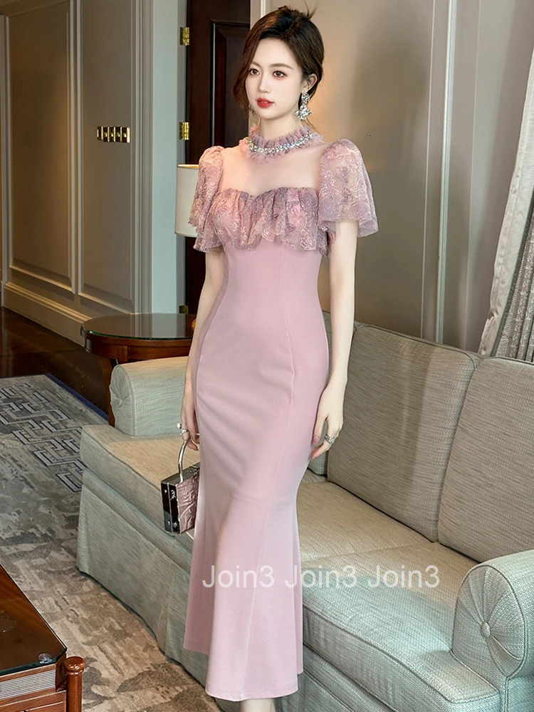 Women Clothes Pink Sweet Lace Sheer Sexy O-Neck Slim Midi Fishtail Dress Elegant Ladies Fashion Party Prom Vestidos Robe Casual