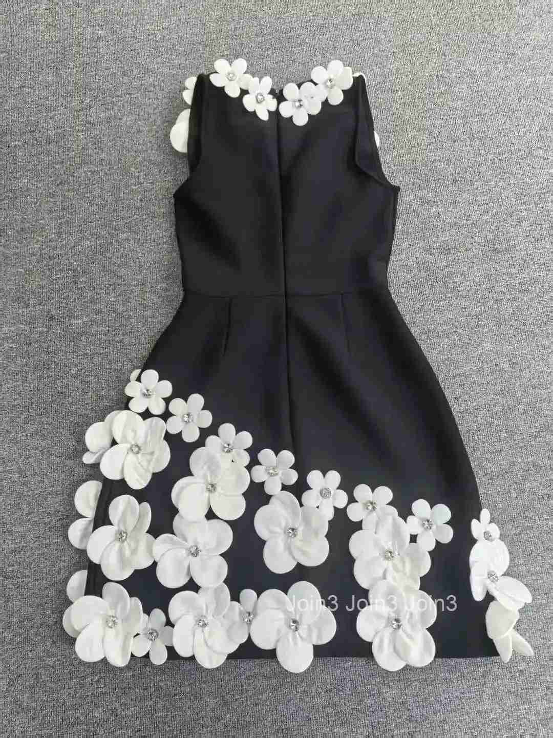 Womens Black Bandage Dress Sleeveless Deep V-Neck 3D Floral A Line Elegant Evening Gown Formal Party Wear
