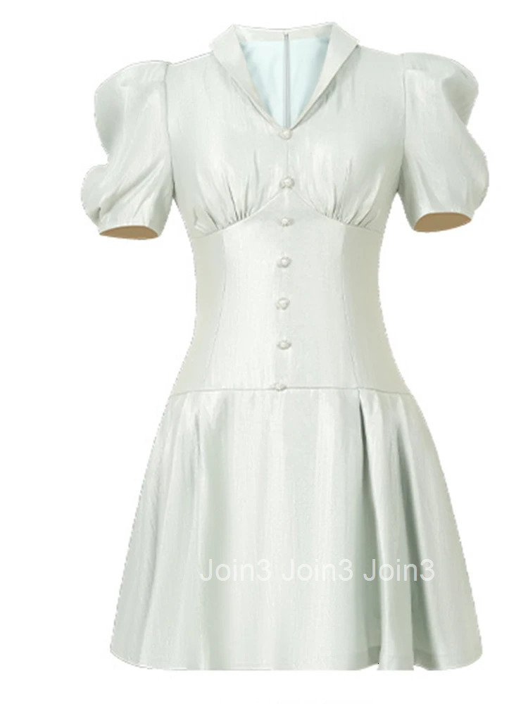 New Summer French Fashion Casual Solid V-Neck A-Line Short Dress Women Clothes Sweet Retro Puff Sleeve Corset Slim Party Vestido