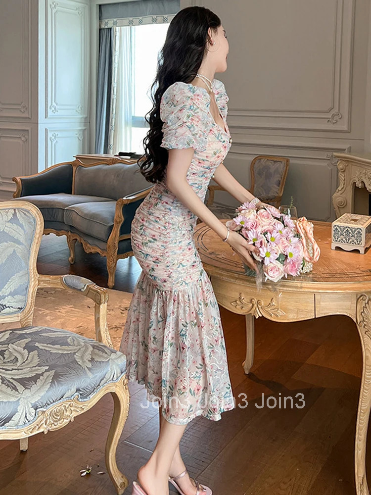 New Summer Elegant Women Evening Dress Mesh Floral V-Neck Folds Slim Midi Dresses Party Club Prom Beach Robe Femme Mujer Vestido