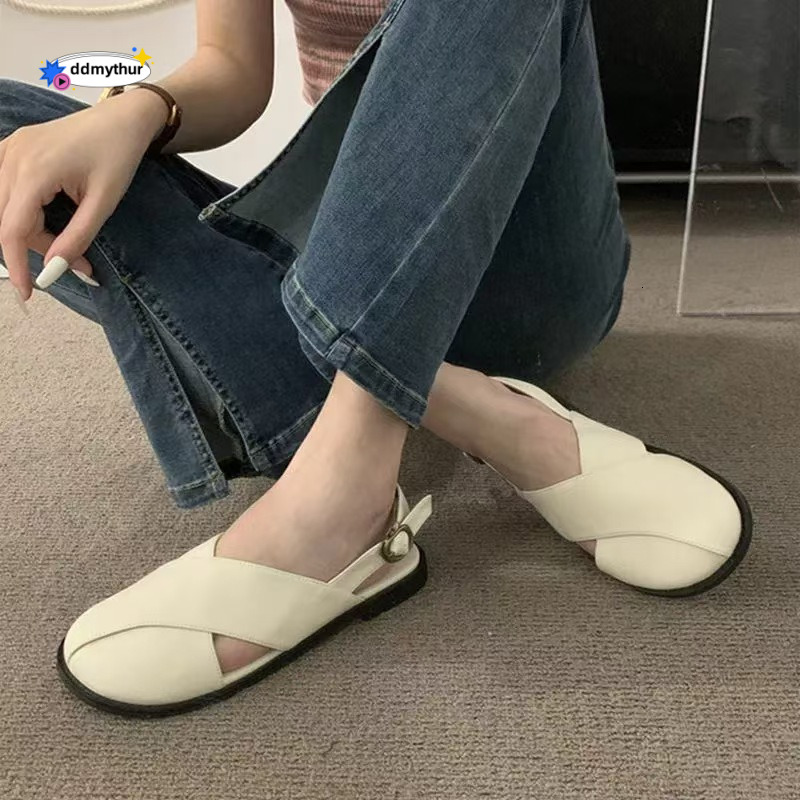 Women's Peep-Toe Sandals 2025 New Summer Korean Style French Mori Fairy Casual Flat Roman Shoes ddmythur
