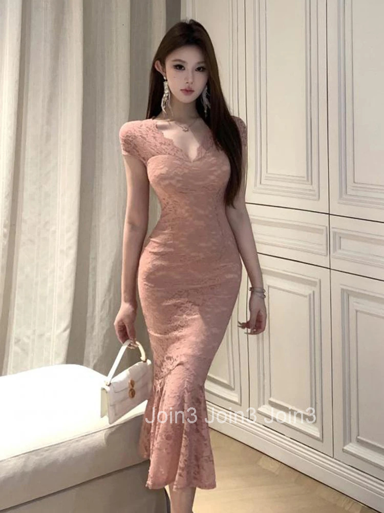 French Gentle Party Dress Women Sweet Elegant Pink Sheer See Through Lace Boydocn Fishtail Robe Female Prom Street Vestido Mujer