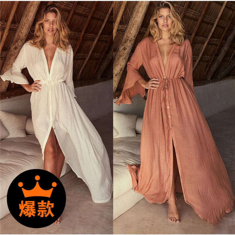 Cross-Border European and American New Style Bamboo Fabric Flare Sleeve Sexy Deep V-Neck Beach Dress Vacation Cover-Up Swimsuit Sun Protection Shirt f