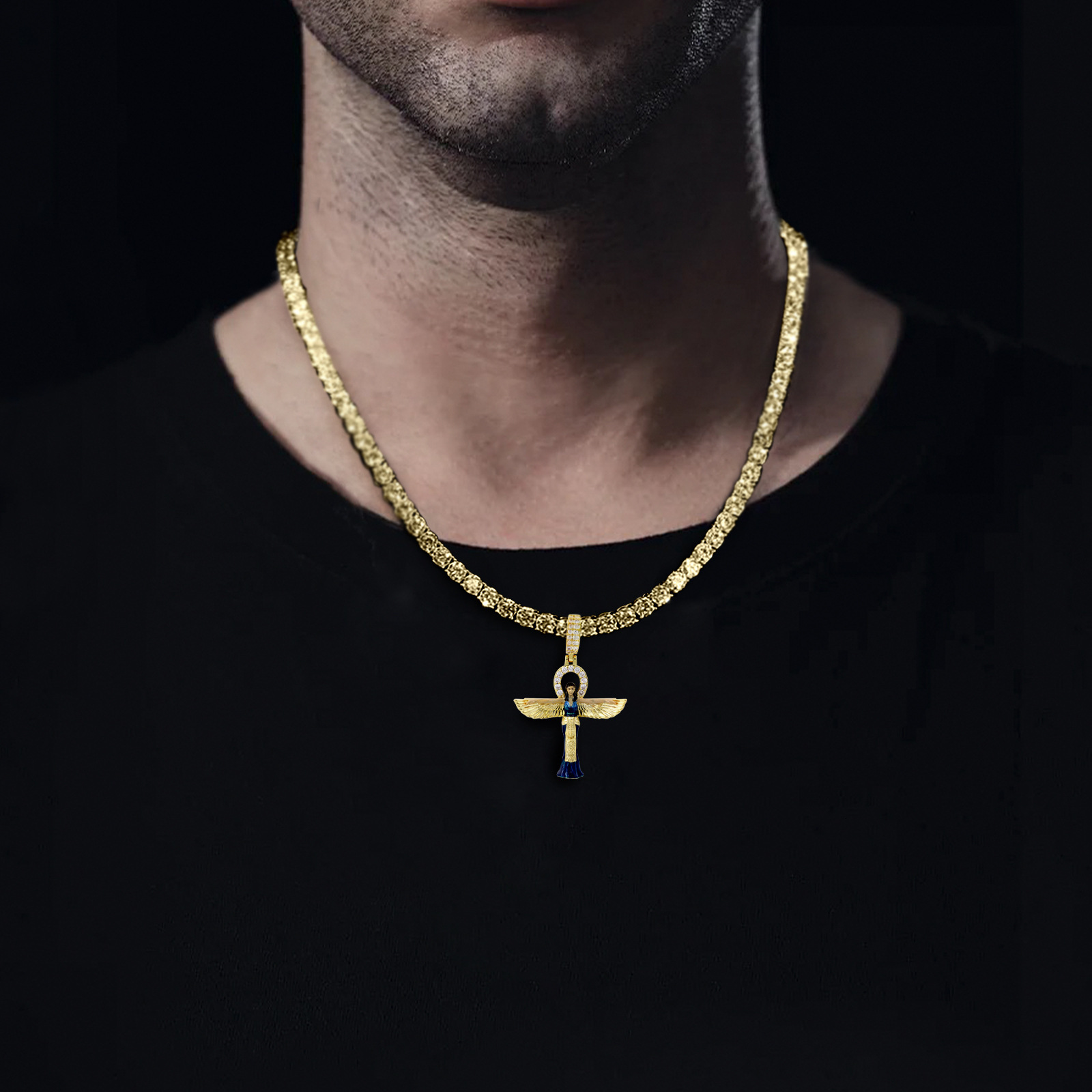 Luxury Premium Moissanite Hip Hop Religious Winged Ankh Cross Diamond Inlaid Spread Wings Statement Pendant Pass the diamond tester