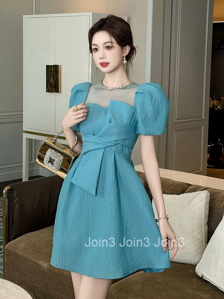 New French Elegant Luxury Summer Evening Dress Women Clothes Sweet Sheer Sexy Puff Sleeve Slim A-Line Party Prom Vestidos Fiesta