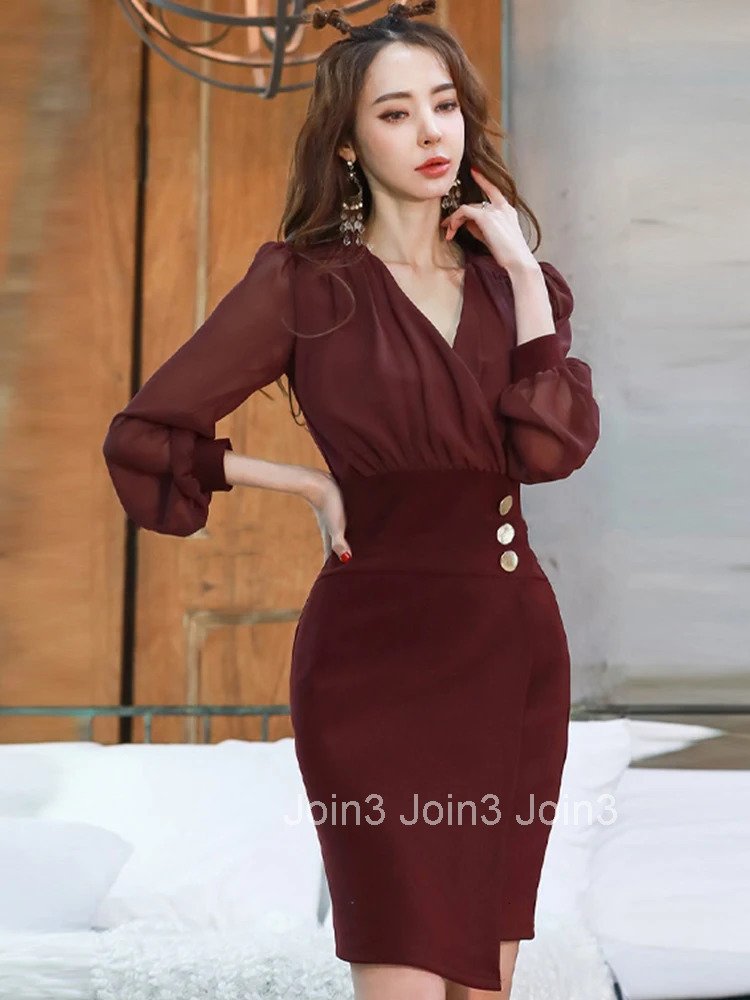 Fashion Spring Autumn Commute Short Pencil Dress Women Clothing Elegant Formal Sheer Long Sleeve V-Neck Slim Midi Mujer Vestidos
