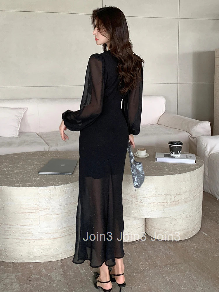 Spring Autumn Fashion Elegant Lady Black Chiffon Mermaid Dress Women Clothes Casual Lantern Sleeve Slim Midi Robe Party Vestidos