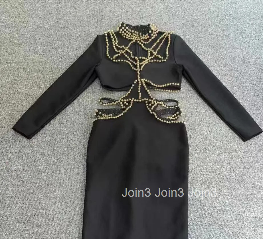 Women Evening Party Gown Black Long Sleeves Bandage Gown Sexy Hollow Waistless Fashion Embroidered Flare Half-high Neck Dress