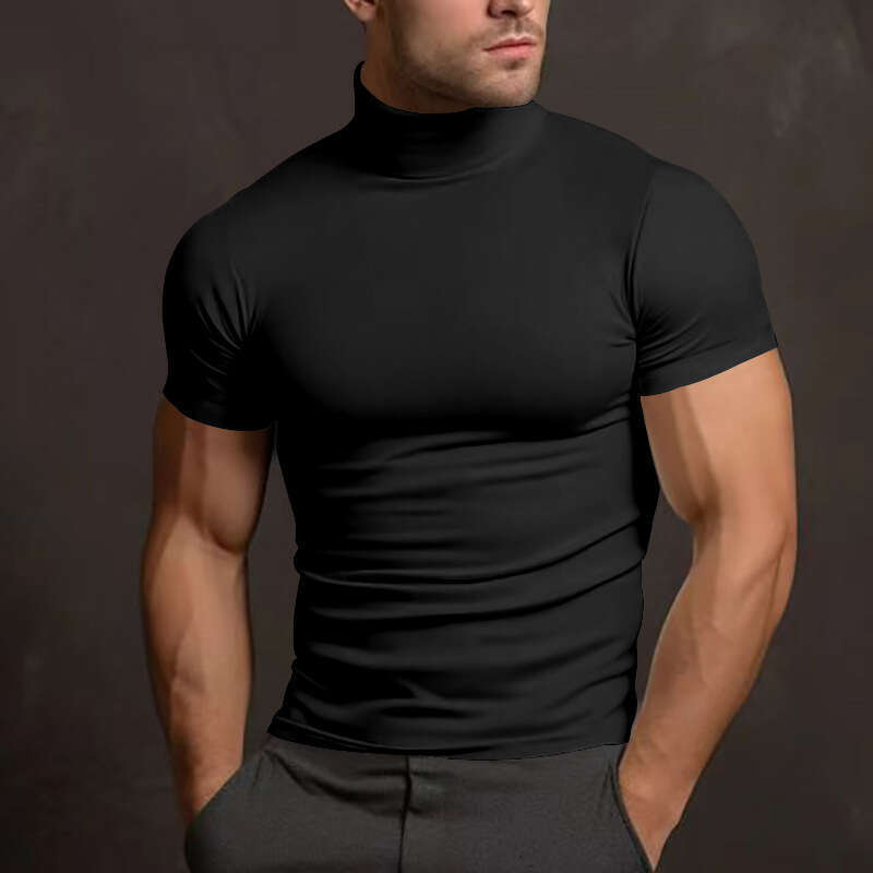 Cross-border In Stock 2024 Summer Solid Color Short Sleeve Fashion Base Shirt Men's Slim Fit High Neck T-shirt