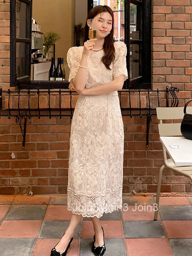 Summer Long Dress For Women Elegant Preppy Lace Embroidery O-Neck Puff Sleeve Slim Midi Robe Femme Mujer Vestidos Street Clothes