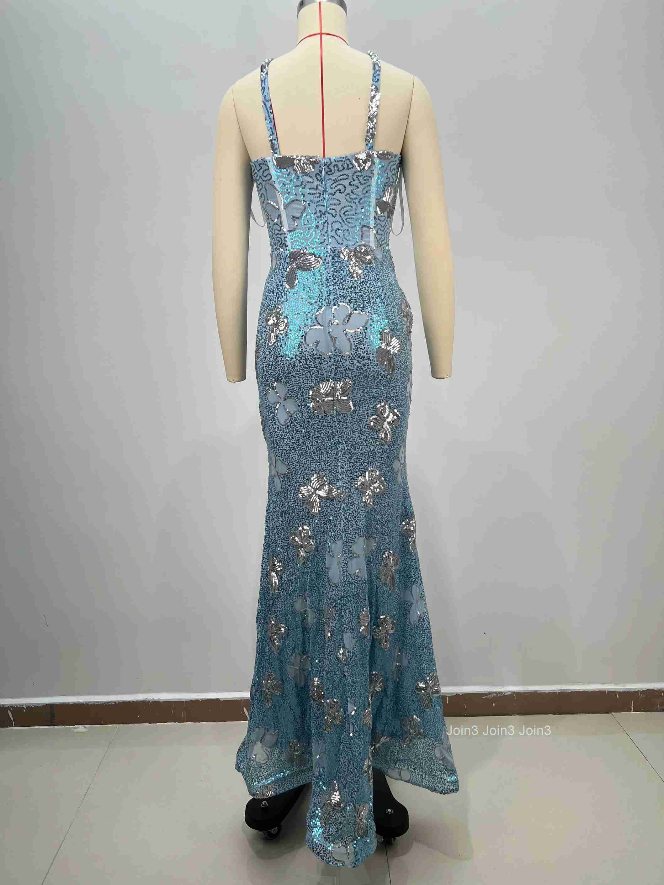 New Womens Sexy Mermaid Dress Sequin Halter Neck Spaghetti Strap Fishtail Party Evening Gown