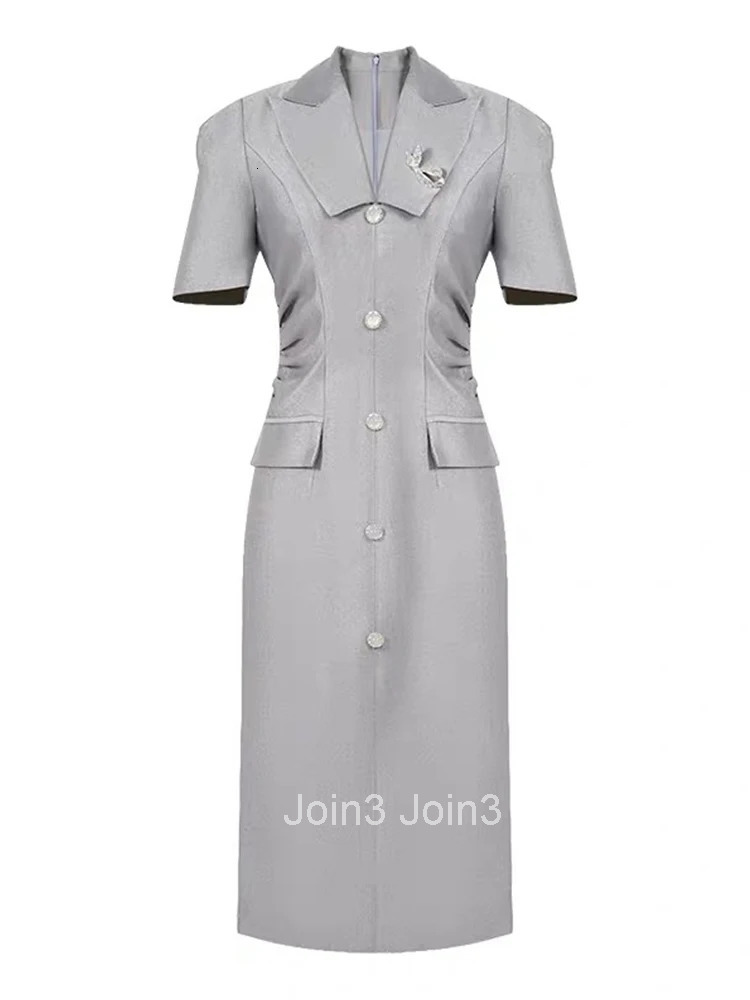 Summer Gray Commute Formal Occasion Pencil Dress Women Elegant Office Lady Lapel Short Sleeve Slim Midi Vestidos Street Clothes