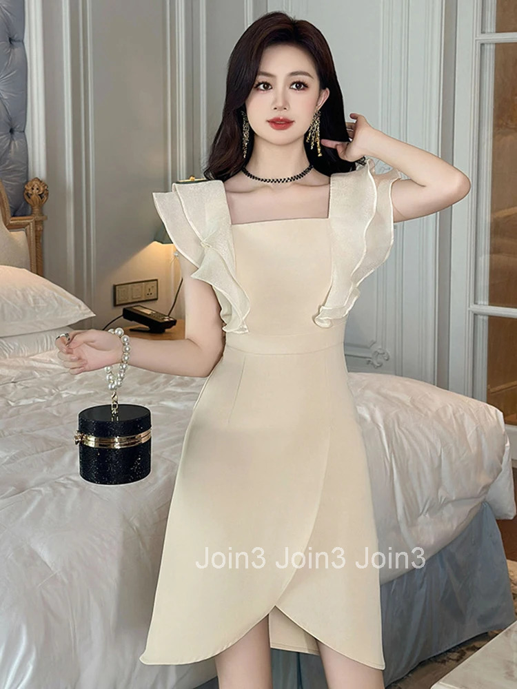 Summer Fashion Sweet Solid Irregular Dress Women Clothes Elegant Sexy Square Collar Slim Mini A-Line Party Prom Vestidos Fiesta