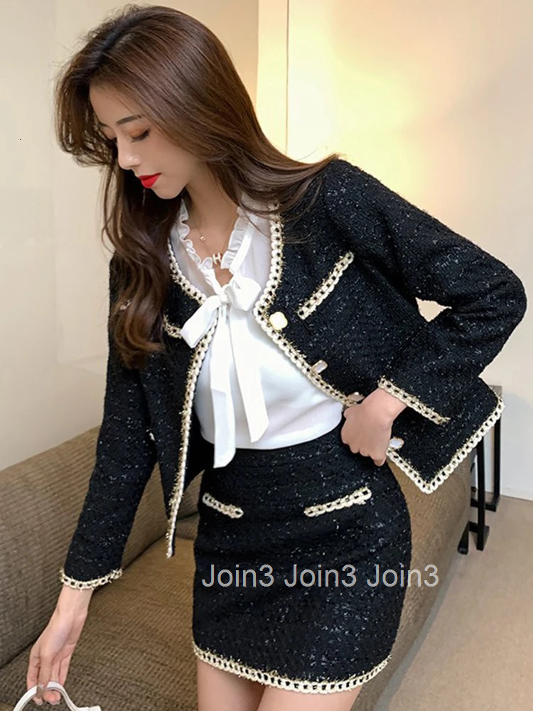 New Fashion Spring Ladies Black Tweed Vintage 2 Pieces Outfit Women Short Coat Tops Jacket Outwear And Mini Skirt Mujer Slim Set