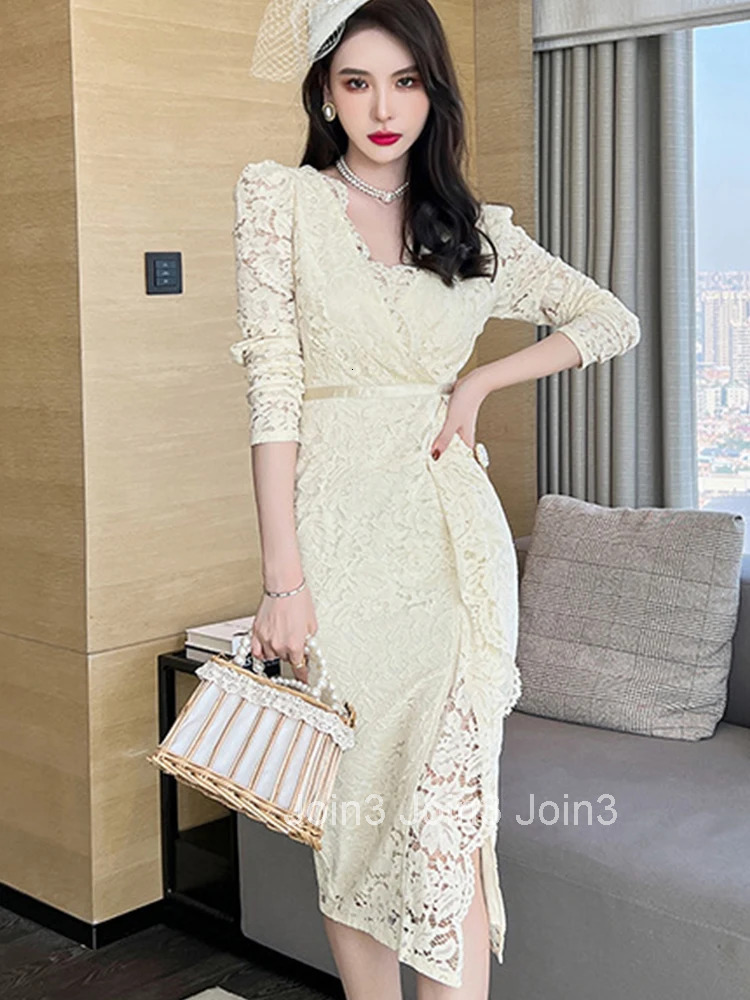Fashion Korean Style Women Vintage Sexy Lace Ruffle Midi Party Dress Elegant Temperament Coffee Break Asymmetrical Female Dress