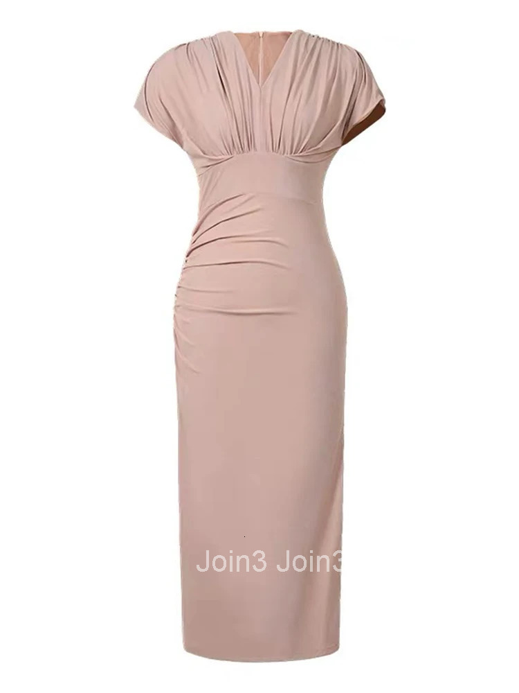 Summer Classic Elegant V-Neck Slit Pencil Dress Women Stretchy Clothes Casual Solid Short Sleeve Skinny Folds Midi Robe Vestidos