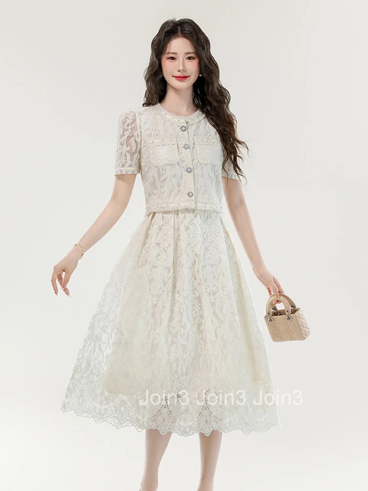 Women Clothes Sweet Lace Floral Outfits Elegant Single Breasted Tops Shirt Blouse And A-Line Skirt Mujer 2 Pieces Set Casual New