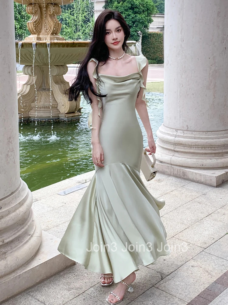 Summer Satin Long Evening One Piece Dress Women Clothes Elegant Pretty Solid Sexy Strap Slim Maxi Party Prom Robe Mujer Vestidos