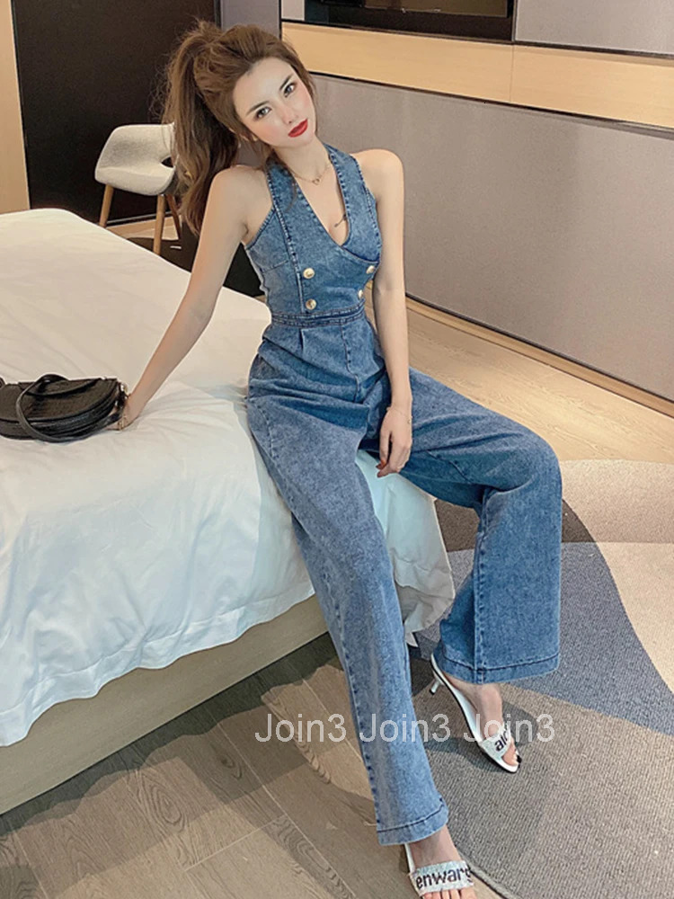 Fashion Summer One Piece Jumpsuit For Women Denim Retro Sexy Halter Sleeveless Femme Mujer Wide Leg Loose Rompers Street Clothes