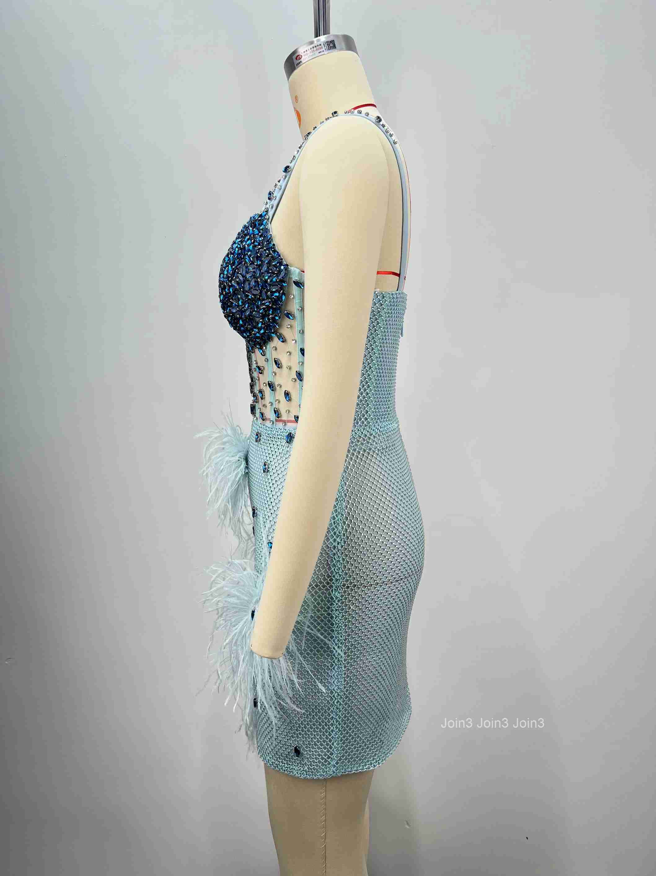 Sapphire Blue Sequin Evening Gown Feather Trim Bandage Dress Mesh Skirt Thin Straps Back Zipper Formal Party Dress