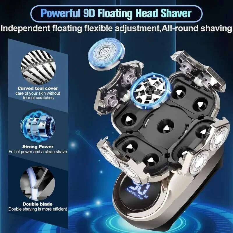 Detachable Razor.6 In 1.Smoother Shaving.Suitable For Bald Men.Wet And Dry 9D Rotary Shaver Grooming Set.Type-C Charger (A)