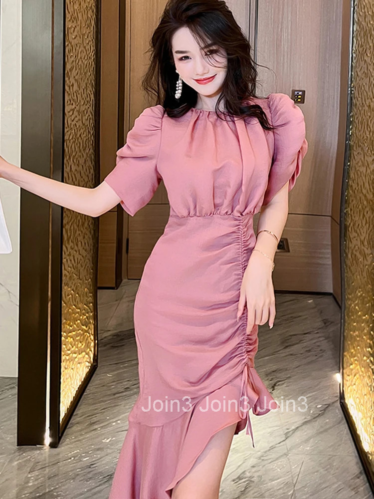 Fashion Summer Pink Long Dress Women Ladies Clothes Elegant Sweet Chic O-Neck Wrap Hip Midi Party Gown Robe Mujer Vestido Fiesta
