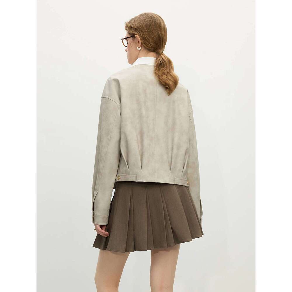 FSLE Women PU Leather Short Jackets Casual Round Neck Drop Sleeve Coats 2025 Spring Grey Female Pu Coat 25Fs11159