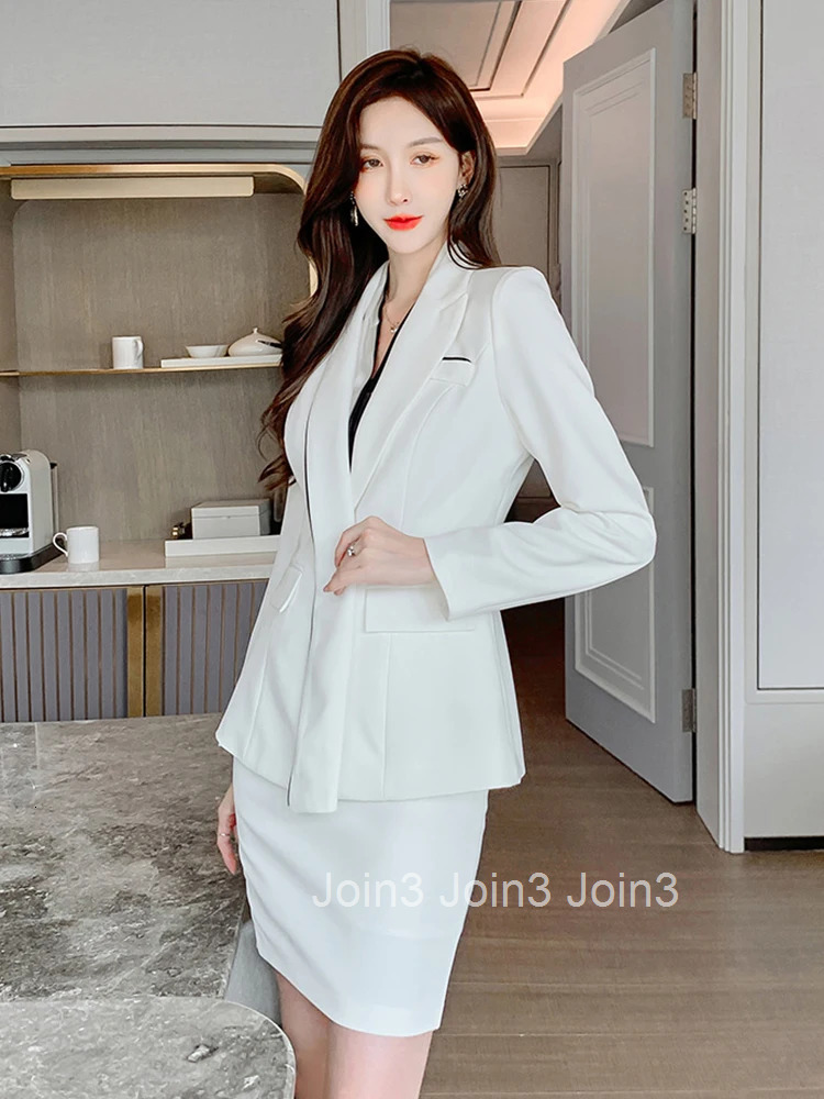 Fashion Korean Style Vintage Women White Temperament Notched Neck Coat Jacket Suit Blazer High Waist Skirt Female 2 Pieces Set