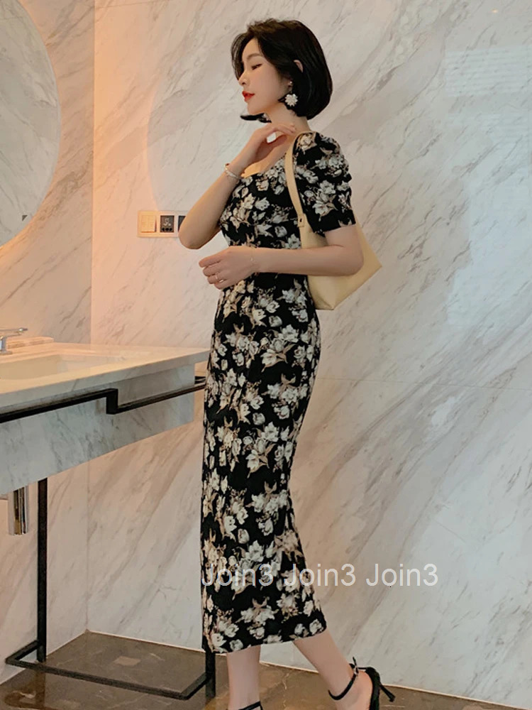 New Arrival Fashion Party Dress Women Elegant Summer Vintage Puff Sleeve Print Beach Temperament Office Lady Slim Pencil Dress