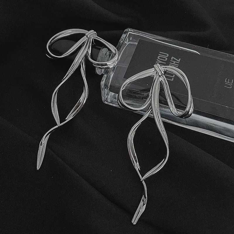 New Korean Simple Silver Color Metal Line Bow Earrings 2024 Fashion Elegant Big Long Bowknot Drop Earrings Female Jewelry XJ250623