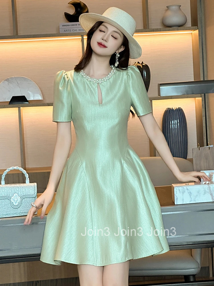 Summer Fashion Elegant Solid Gown Evening Dress Women Clothes Retro Pearl Sexy O-Neck Slim Short A-Line Party Club Prom Vestidos