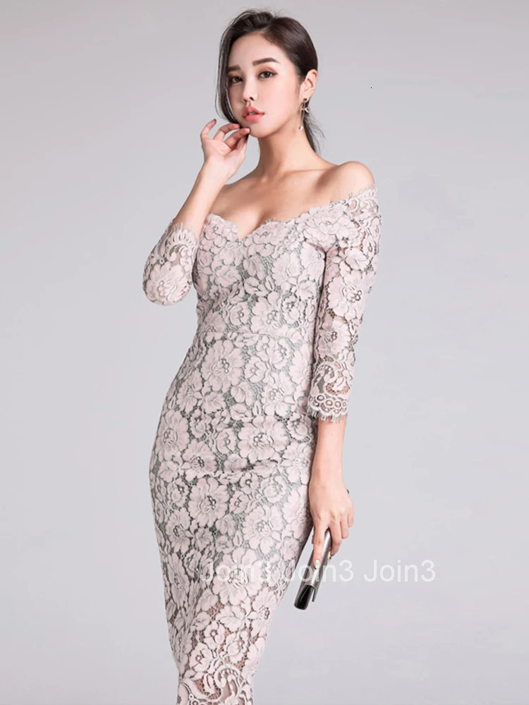 New Korean Fashion Ladies Lace Long Dress Women Mujer Elegant Chic Sexy Off-Shoulder Slim Midi Party Prom Vestido Street Clothes