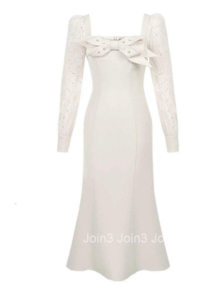 Autumn Fashion Casual Sweet Bow Square Collar Fishtail Long Dress Women Clothes Elegant Lace Long Sleeve Slim Robe Party Vestido