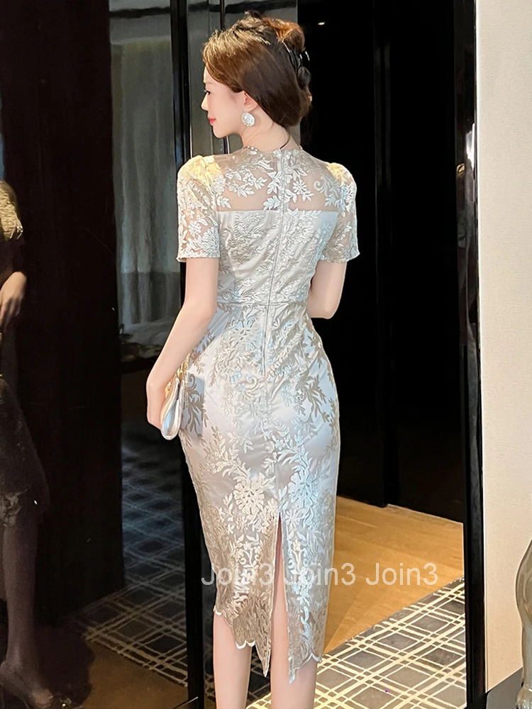 Summer Fashion Lace Embroidery Floral Dress Women Clothes Elegant Sweet V-Neck Short Sleeve Slim Midi Party Prom Vestidos Fiesta