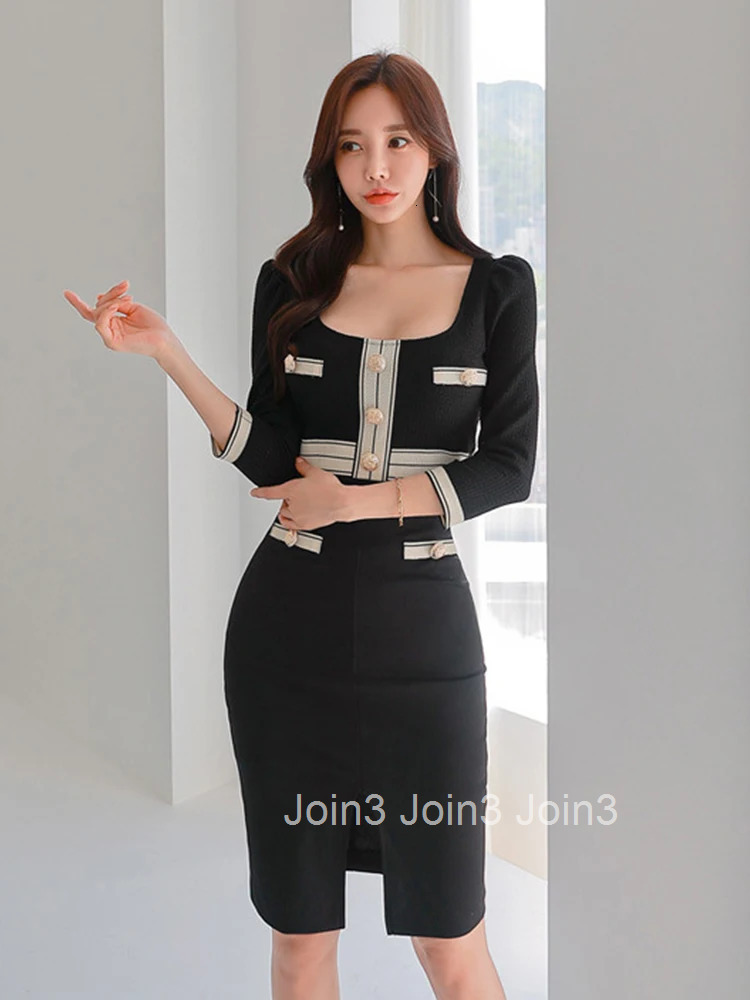 Korean Fashion Black Work Style Formal Pencil Dress Women Clothes Elegant Office Vintage Square Collar Slim Slit Midi Vestidos