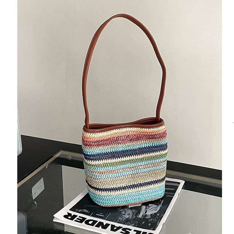Rainbow colored crossbody for women, 2025 new vacation style grass woven bucket bag, versatile and niche shoulder bag