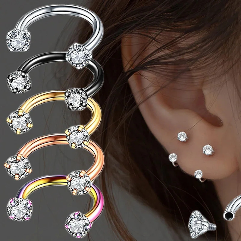 1PC Stainless Steel Crystal Hoop Ring Piercing Nose Ear belly Men Cartilage Helix Earrings Daith Jewelry 250613