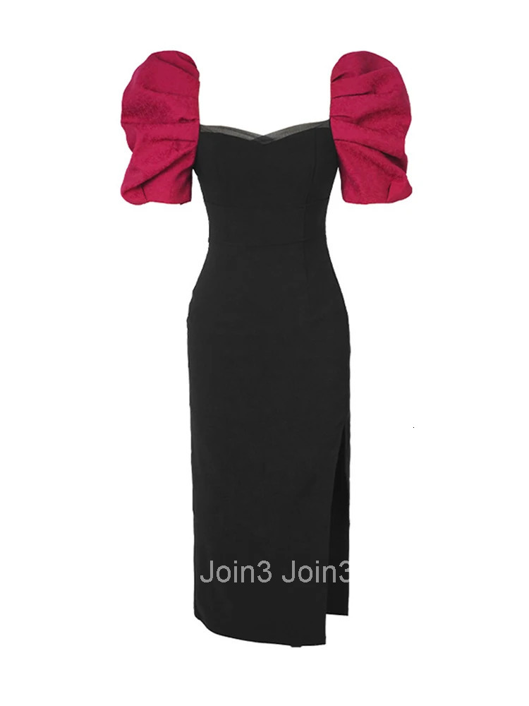 Summer Elegant Women Evening Dress Vintage Sexy Square Collar Slit Slim Midi Pencil Party Club Prom Robe Femme Mujer Vestidos