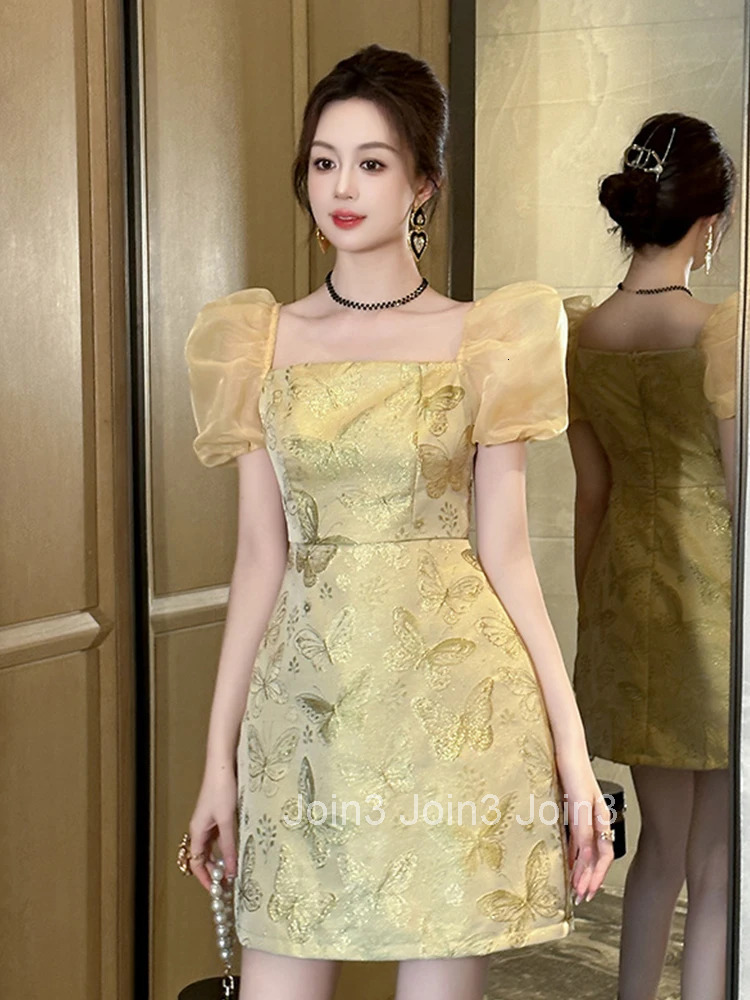 New Summer Sparkly Gold Butterfly Print Gown Evening Dress Women Clothes Elegant Puff Sleeve Slim Short Party Club Prom Vestidos
