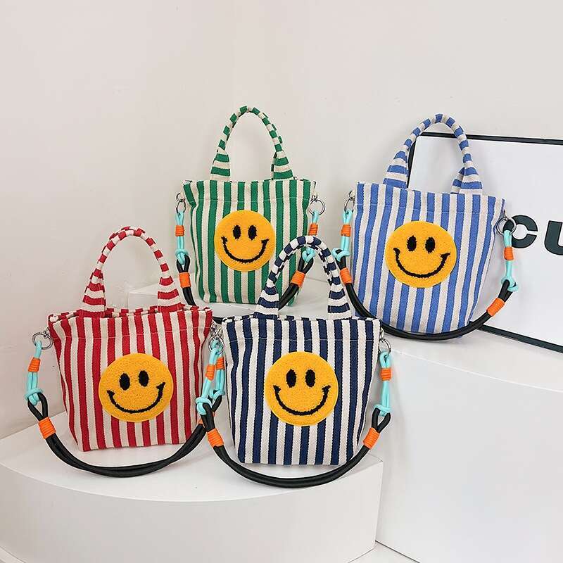2025 Summer New Canvas Women's Bag Smiley Face Cute Cartoon Commuter Tote Large Capacity Crossbody Handbag Trendy
