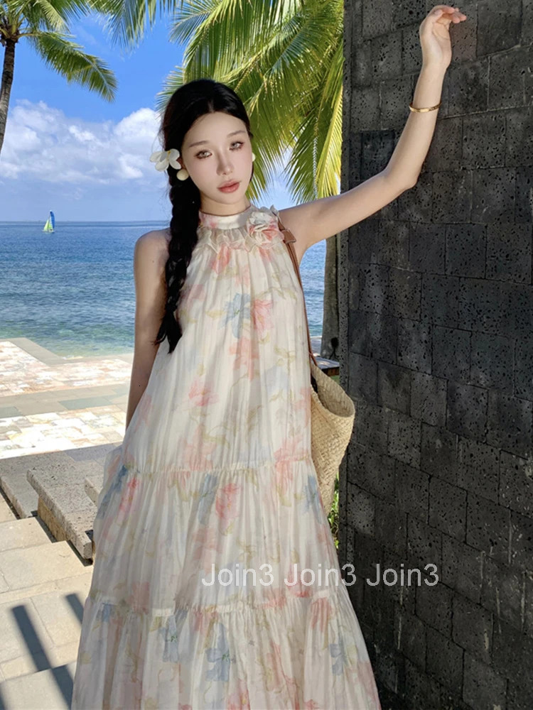 Women Vacation Clothes Sweet Floral Print Sexy Sleeveless Loose Maxi Long Dress Elegant Fashion Party Prom Vestidos Robe Beach