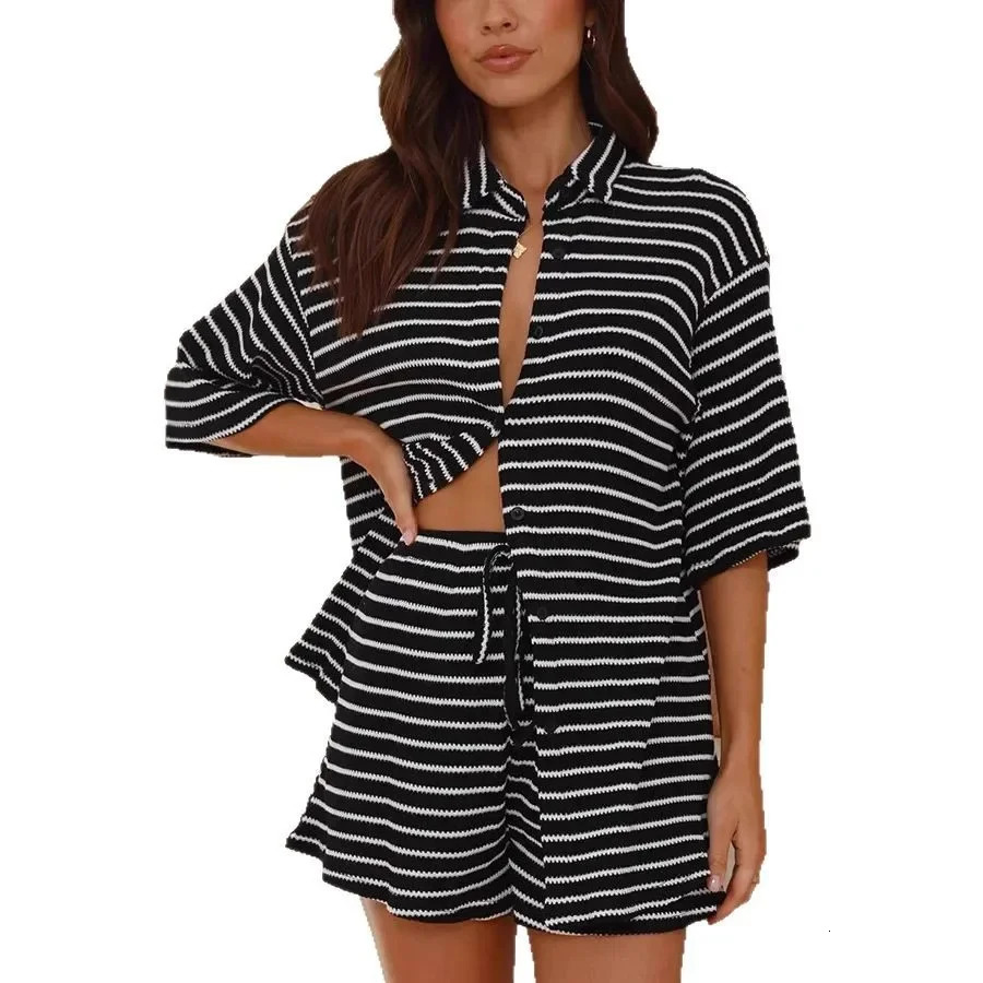 Summer Womens Casual Knitted Short Sleeve Shorts Set Fashionable Polyester Fiber Independent Station CrossBorder 250614
