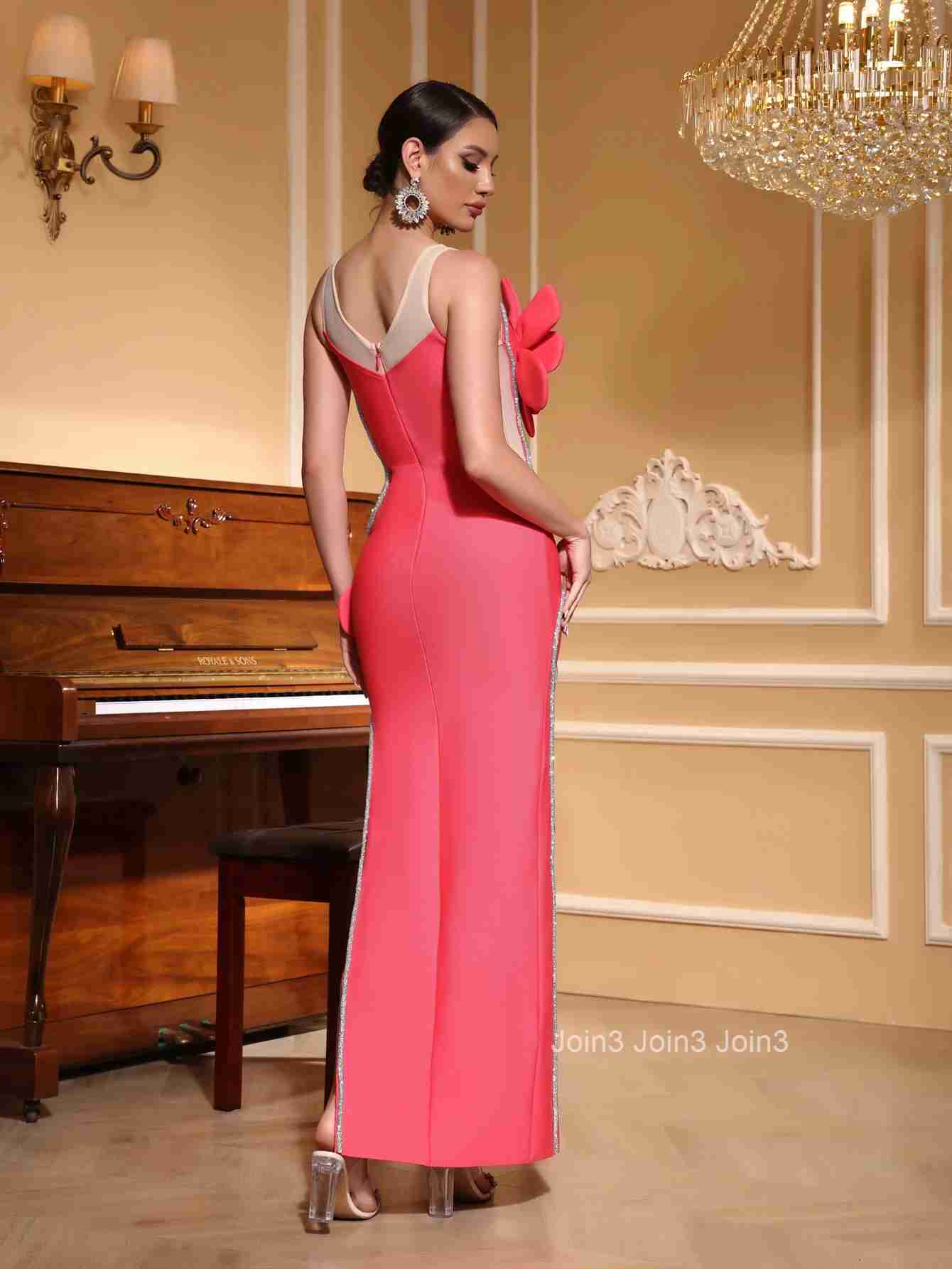 Womens Hot 2 Colour Bandage Dress 3D Floral Sheer Panel Evening Gown Sequined Slit Formal Party Wear