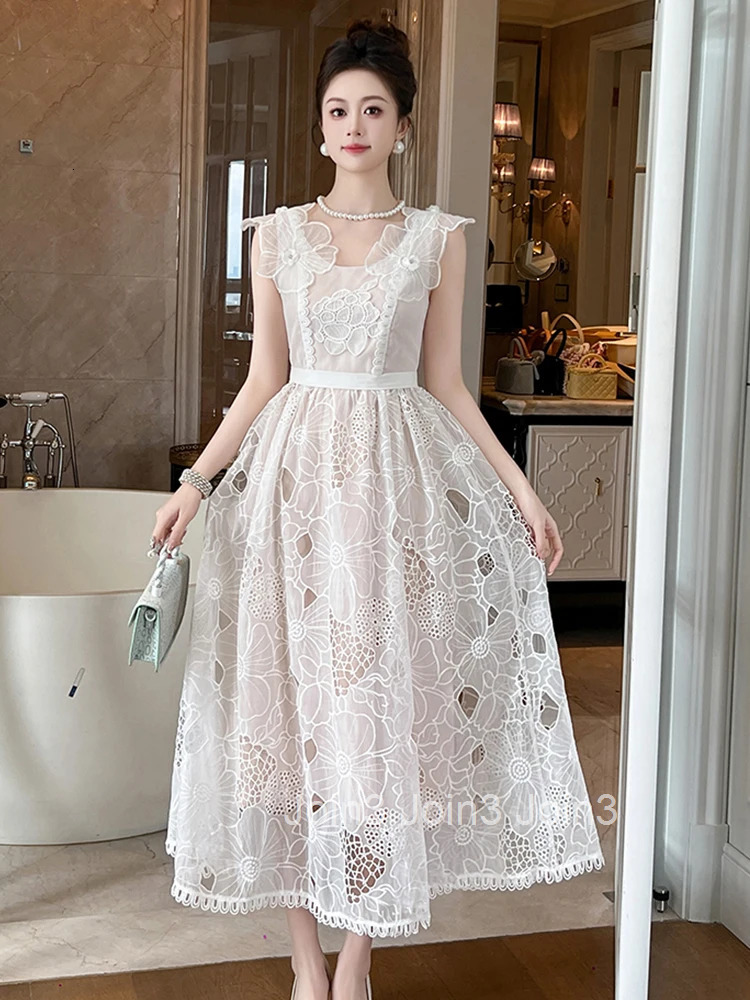 Summer Fashion Lace Floral Embroidery Vacation Evening Dress Women Clothes Elegant Tank Slim A-Line Maxi Robe Party Prom Vestido