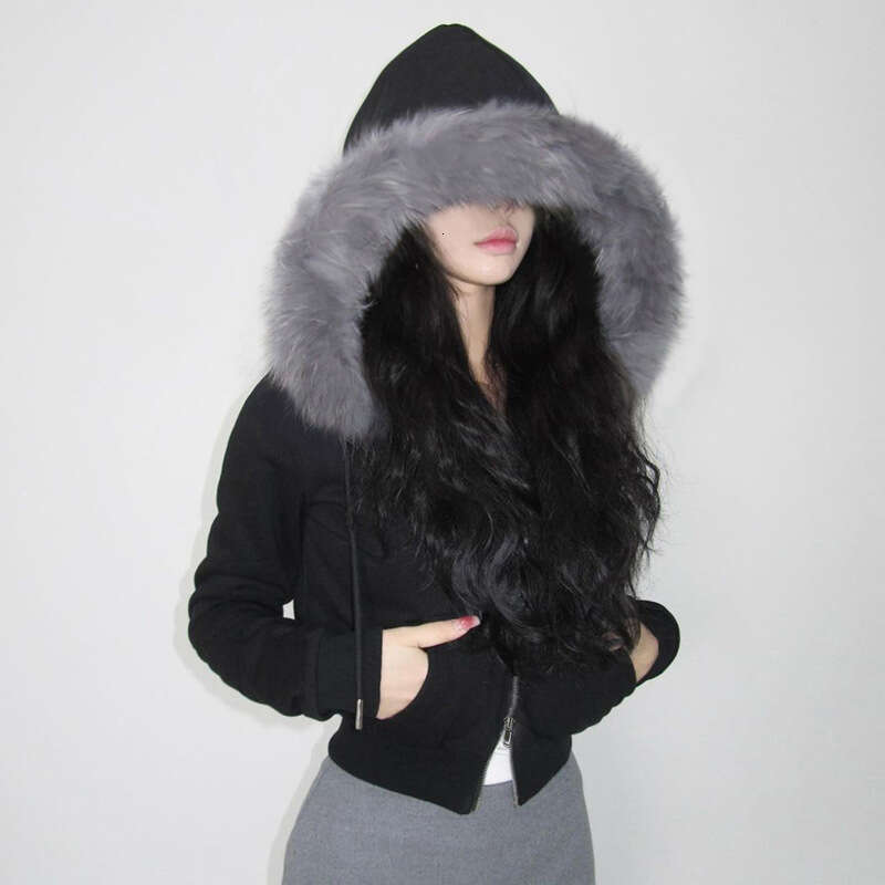 Autumn Winter Women's Fashion Faux Fur Patchwork Hooded Warm Solid Color Zipper Short Cardigan Jacket B5