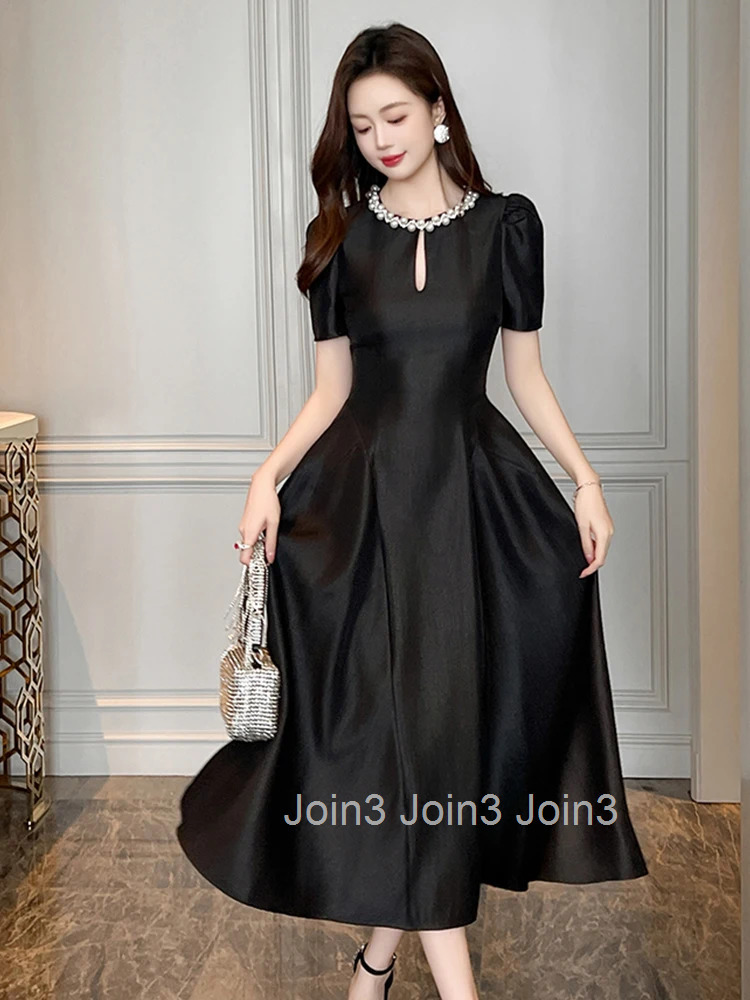 Summer Fashion Elegant Solid Vacation Evening Dress Women Clothes Pearl Hollow O-Neck Slim Midi Robe Party Prom Vestidos Fiesta